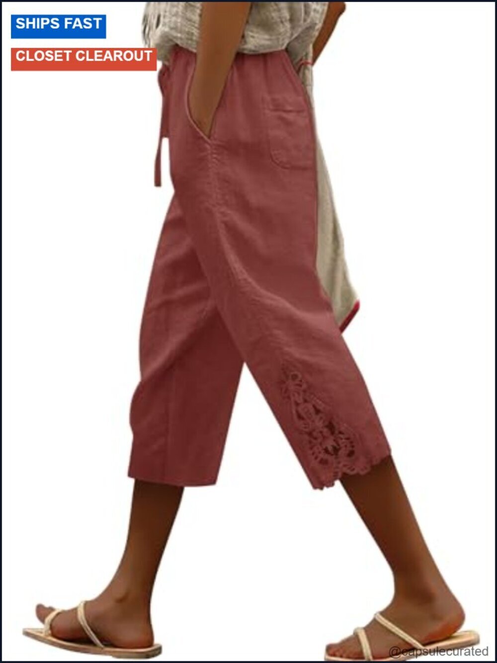 Womens Capri Pants Casual Cotton Linen Trousers Lightweight Drawstring Elastic